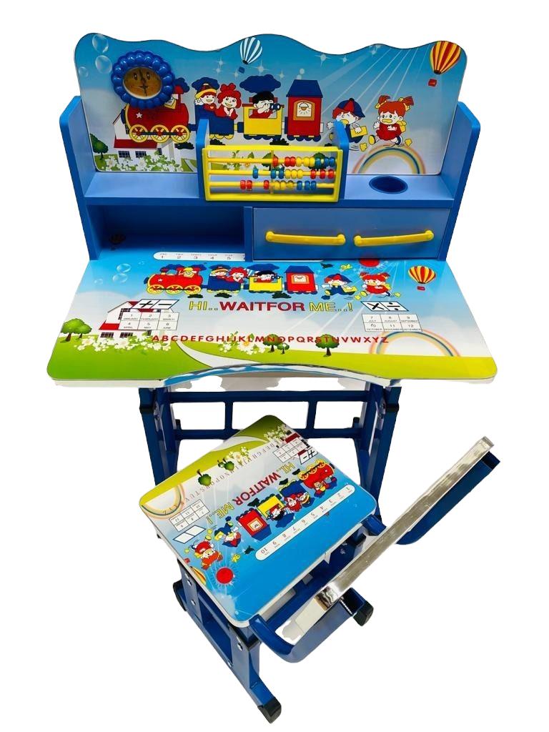 Birou mare cu scaun pentru copii, reglabile, cadru metalic si lemn, multicolor