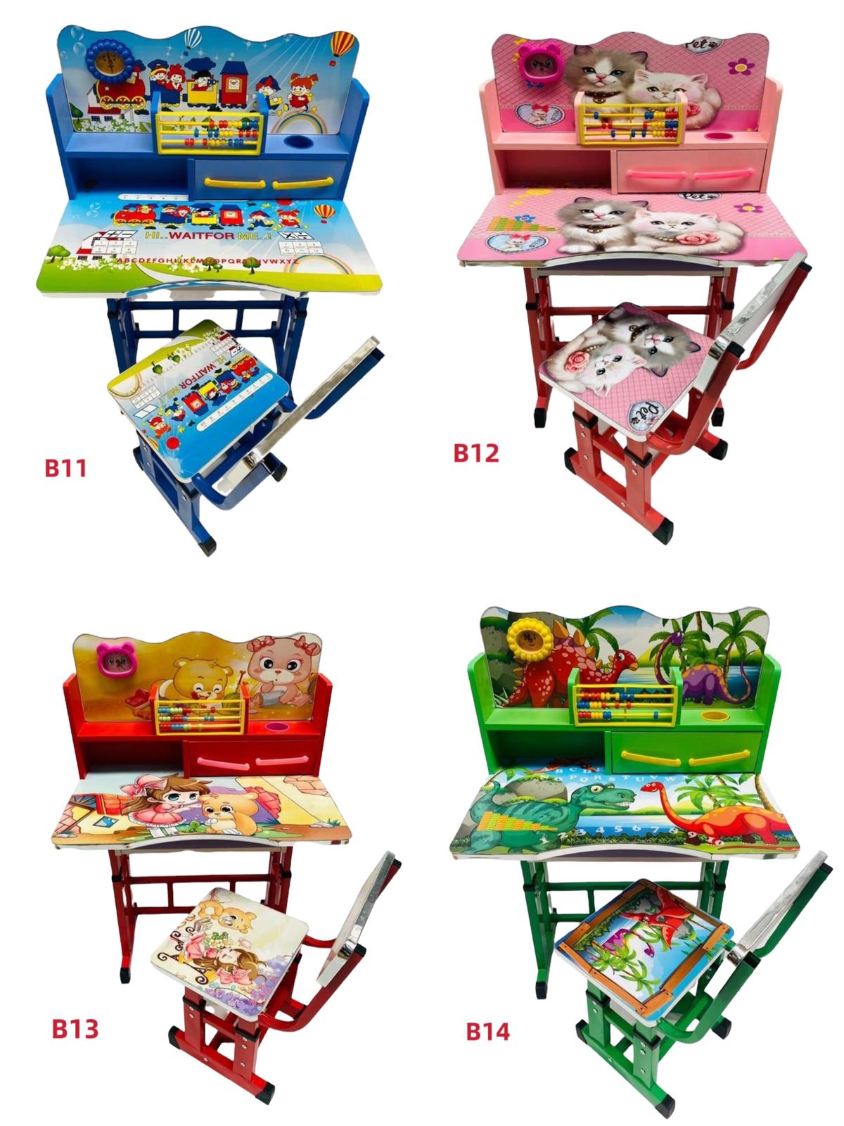 Birou mare cu scaun pentru copii, reglabile, cadru metalic si lemn, multicolor