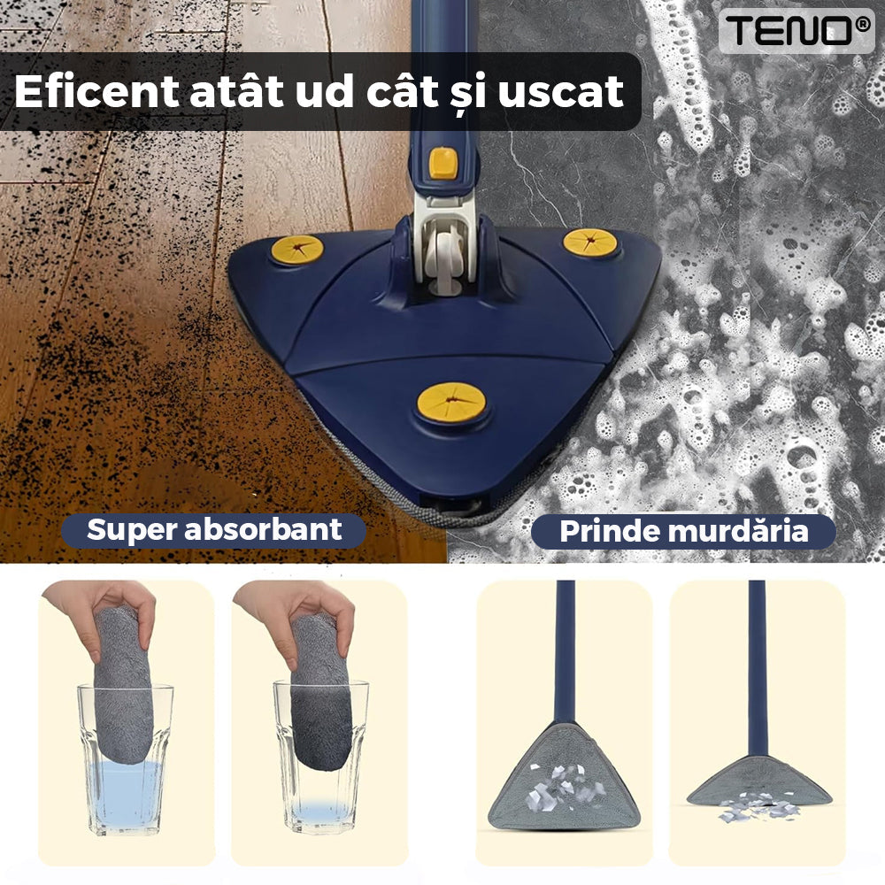 Mop cu Cap Triunghiular Teno321, rotire 360 grade, telescopic, curatare usoara, 4 lavete incluse, 127 cm, albastru/galben