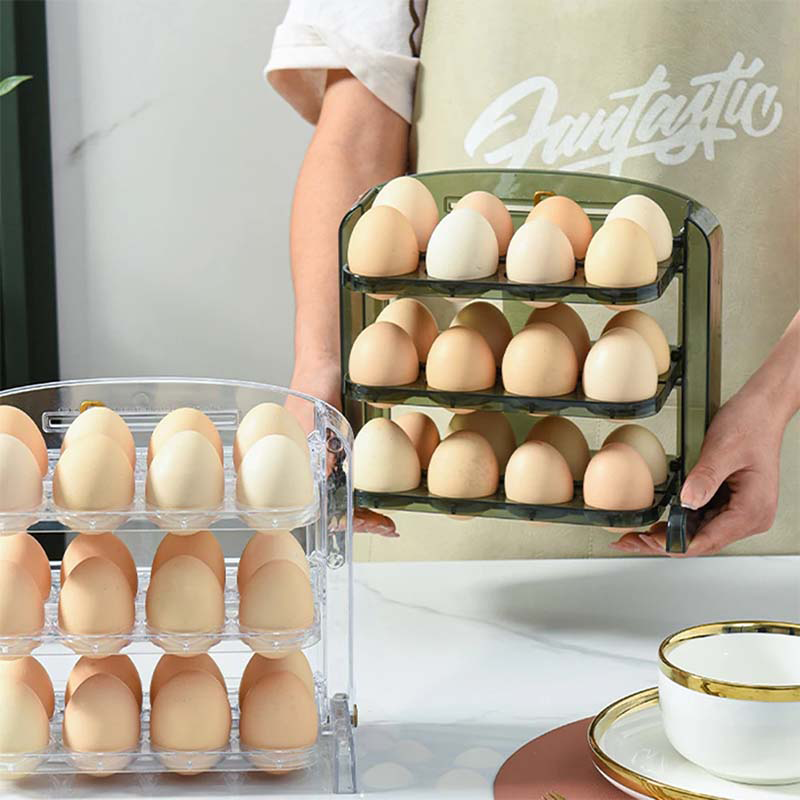Suport organizator etajat, triplu, pentru depozitare 30 oua, transparent