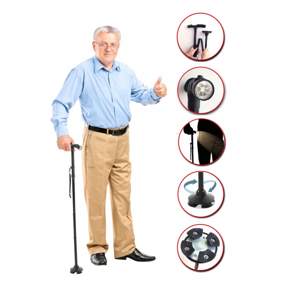 Baston telescopic de sprijin, pliabil, cu lanterna si pivoti stabilizatori