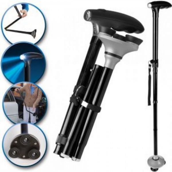 Baston telescopic de sprijin, pliabil, cu lanterna si pivoti stabilizatori