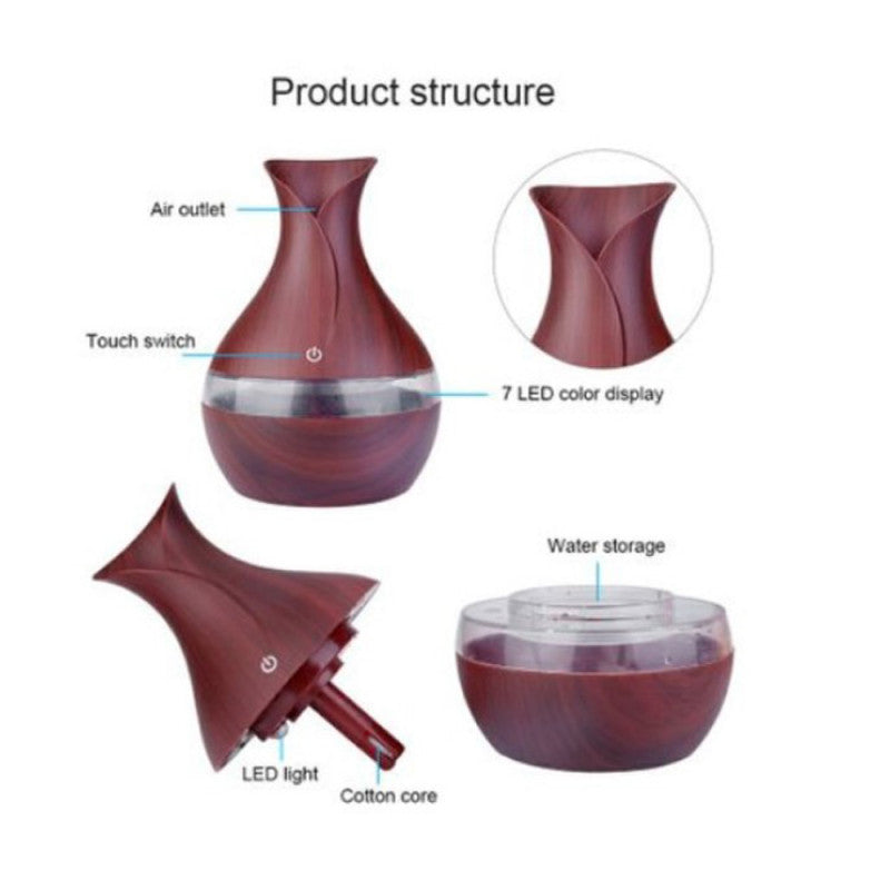 Difuzor aromaterapie cu ultrasunete si umidificator cu led, tip vaza, 300 ml, wenge