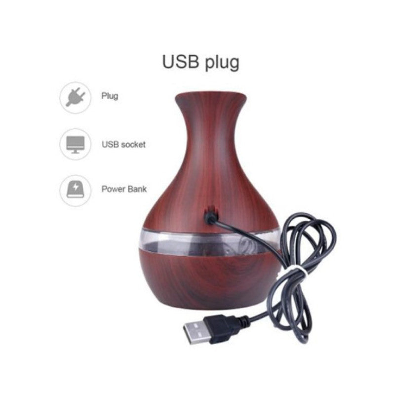 Difuzor aromaterapie cu ultrasunete si umidificator cu led, tip vaza, 300 ml, wenge