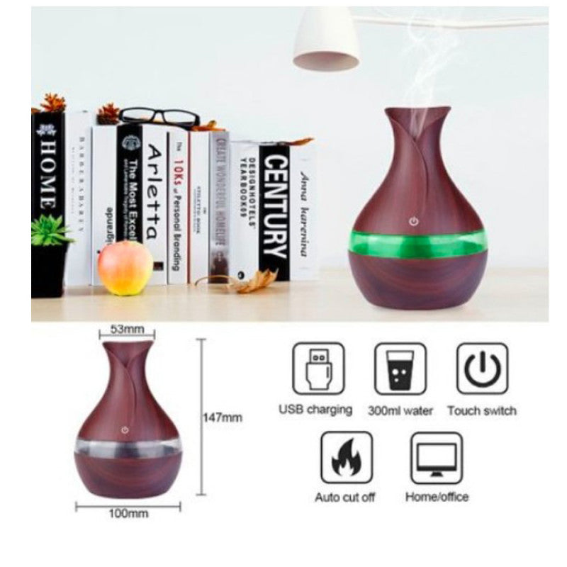 Difuzor aromaterapie cu ultrasunete si umidificator cu led, tip vaza, 300 ml, wenge