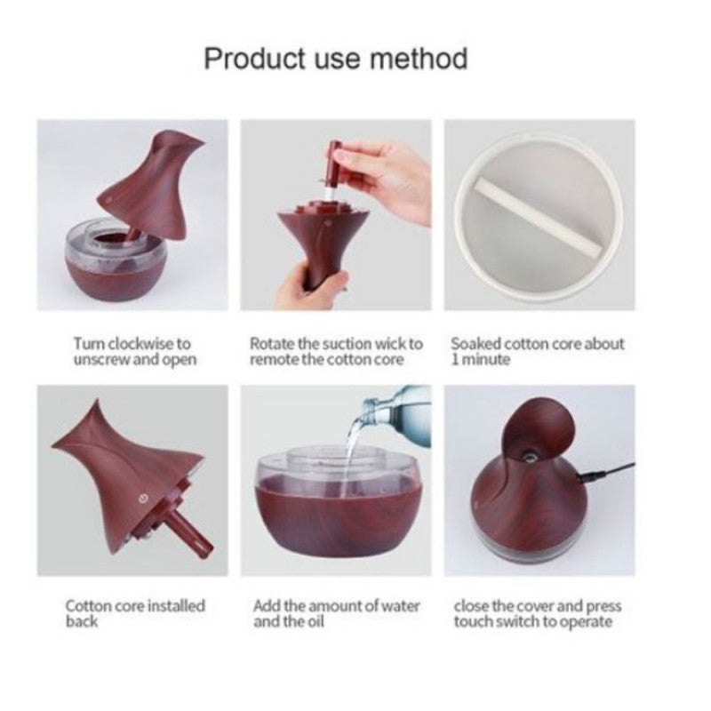 Difuzor aromaterapie cu ultrasunete si umidificator cu led, tip vaza, 300 ml, wenge