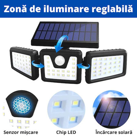 Lampa Solara Reglabila pentru Exterior cu Senzor, 74 LED-uri, 2400 mAh