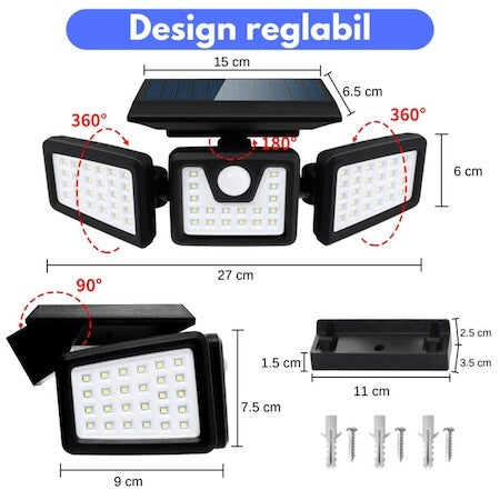Lampa Solara Reglabila pentru Exterior cu Senzor, 74 LED-uri, 2400 mAh