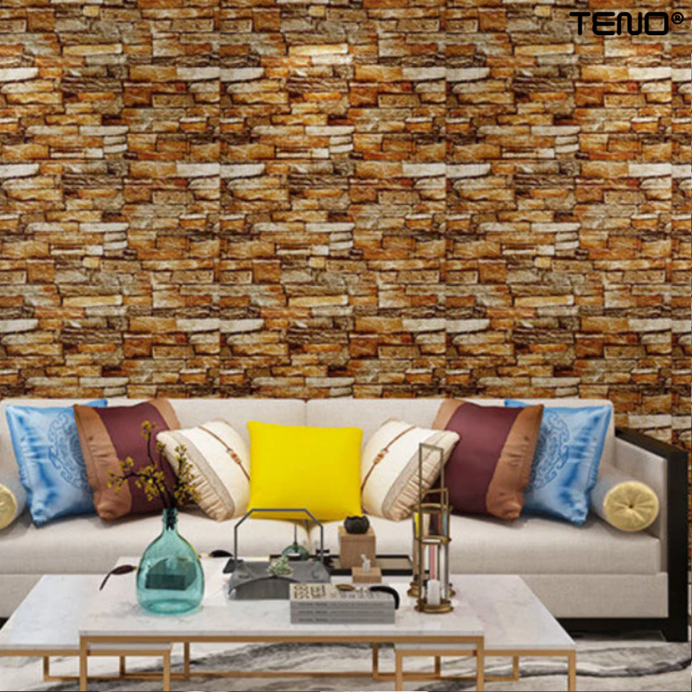 Set Tapet Caramida 3D Teno84, Model Piatra Naturala, suprafata acoperire 5.3 mp, autoadeziv, waterproof, usor de montat, design modern, 70x77 cm, maro
