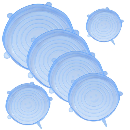 Set 6 capace flexibile din silicon, extensibile, reutilizabile, pentru vase, bleu
