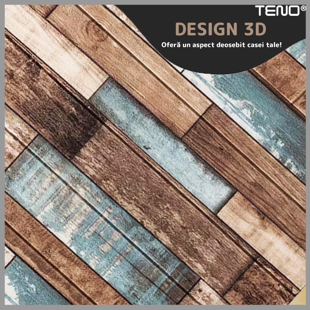 Set Tapet Panou 3D Teno99, Model Lemn, suprafata acoperire 4.9 mp, autoadeziv, waterproof, usor de montat, design modern, 70x70 cm, multicolor