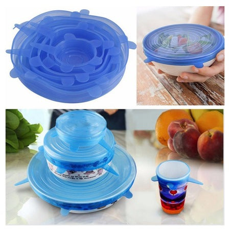 Set 6 capace flexibile din silicon, extensibile, reutilizabile, pentru vase, bleu