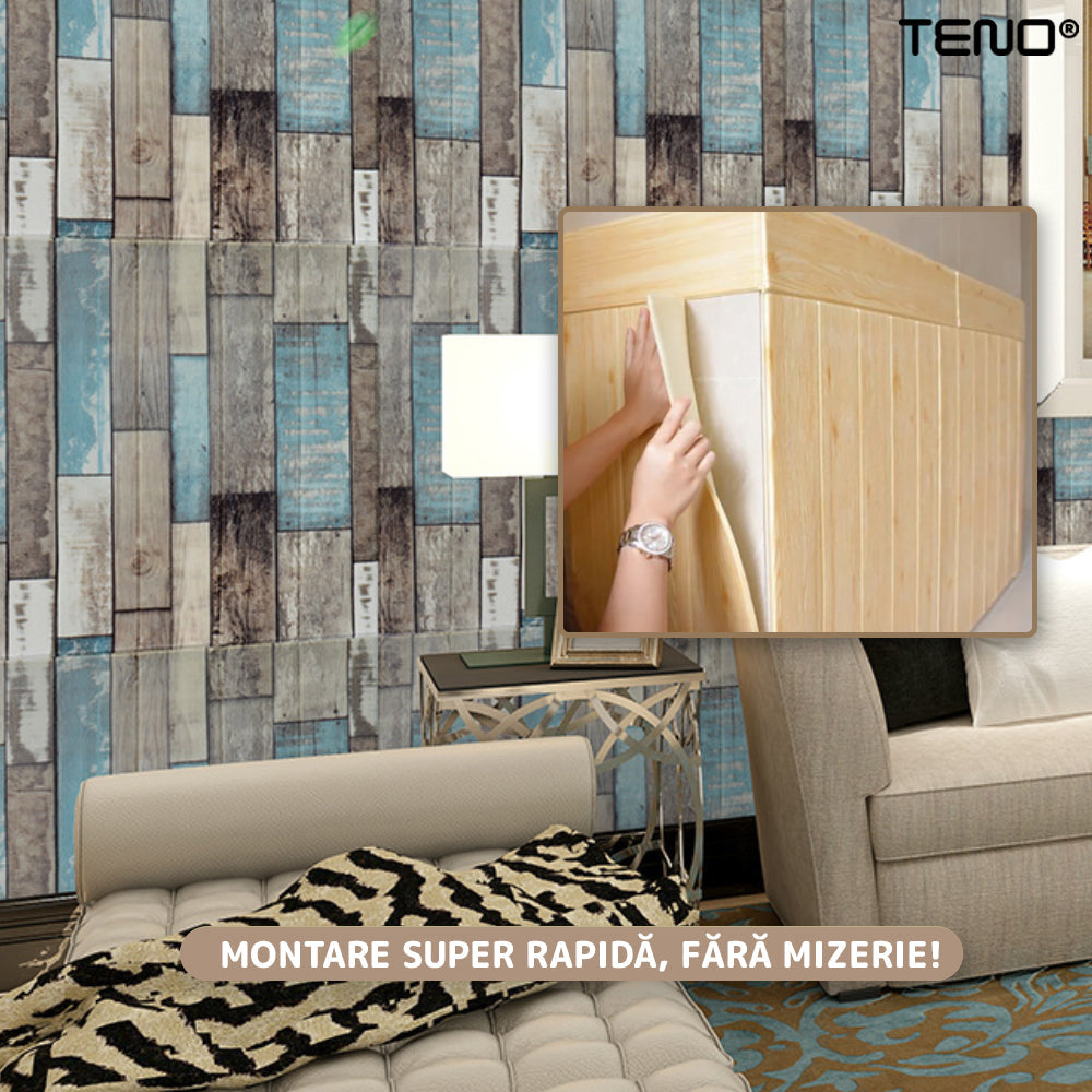 Set Tapet Panou 3D Teno99, Model Lemn, suprafata acoperire 4.9 mp, autoadeziv, waterproof, usor de montat, design modern, 70x70 cm, multicolor