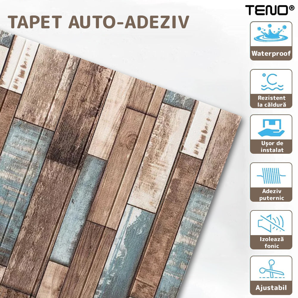 Set Tapet Panou 3D Teno99, Model Lemn, suprafata acoperire 4.9 mp, autoadeziv, waterproof, usor de montat, design modern, 70x70 cm, multicolor
