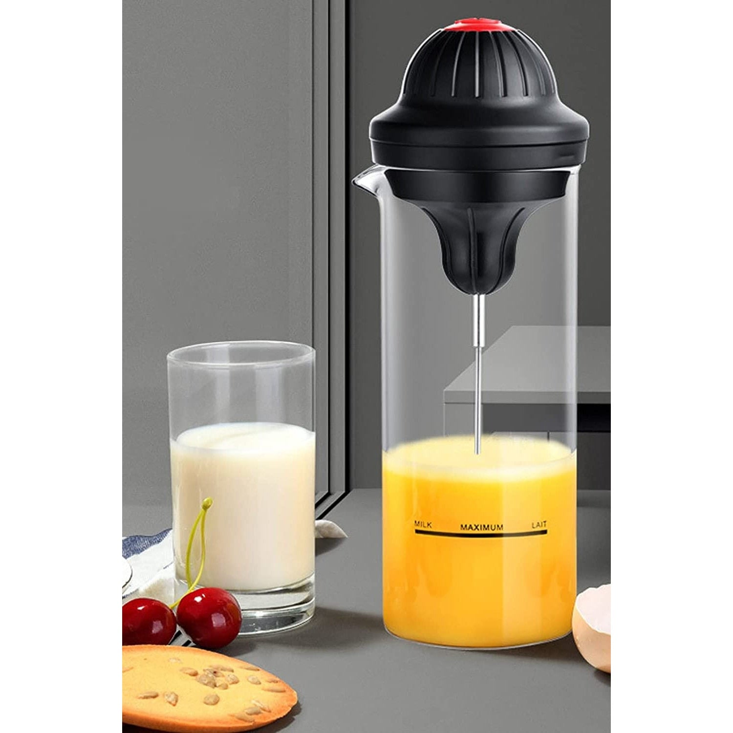 Aparat electric pentru spumarea laptelui, 450 ml, sticla, negru/transparent