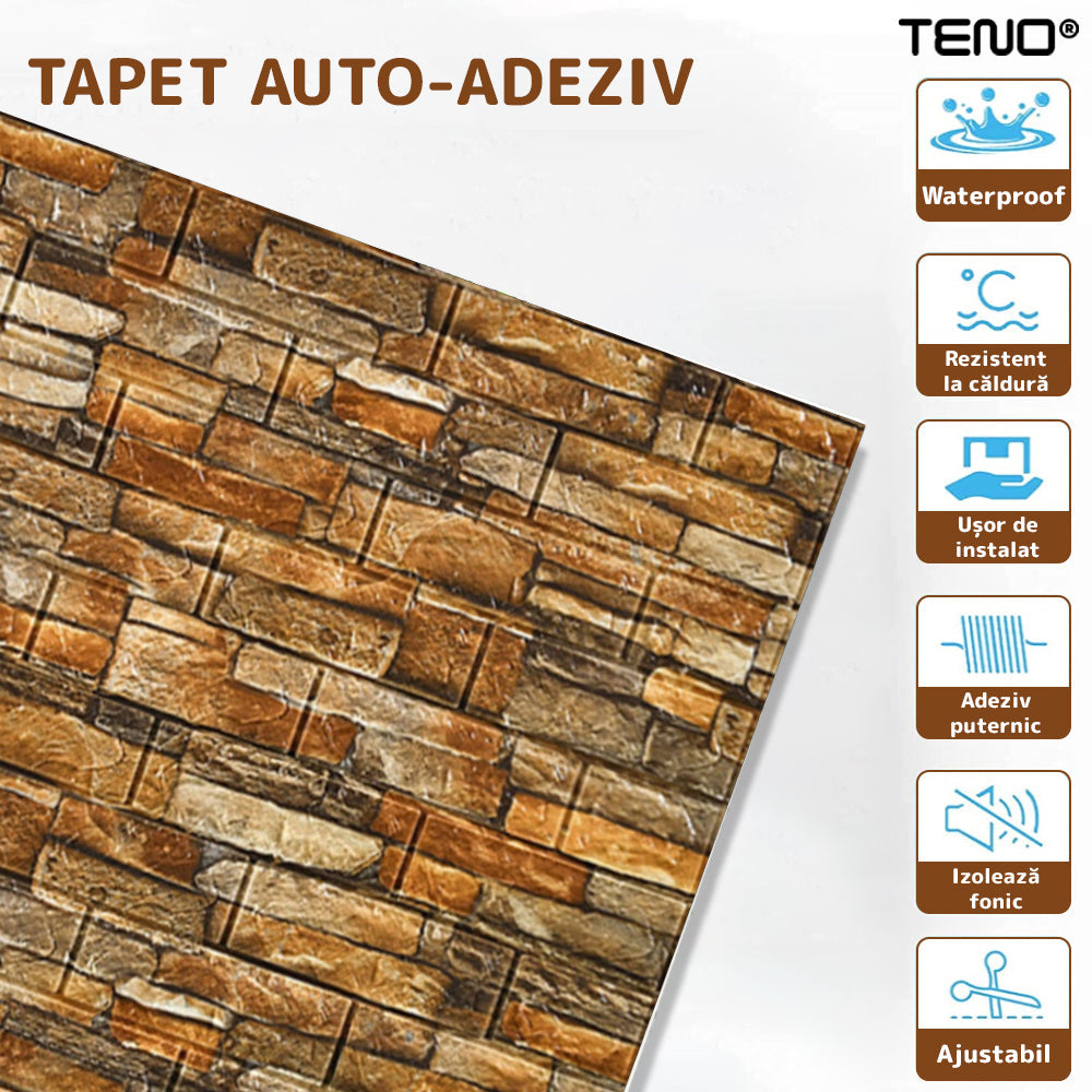 Set Tapet Caramida 3D Teno84, Model Piatra Naturala, suprafata acoperire 5.3 mp, autoadeziv, waterproof, usor de montat, design modern, 70x77 cm, maro