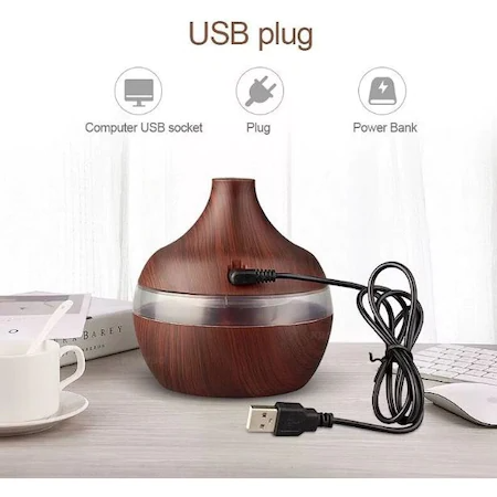 Difuzor aromaterapie cu LED, Essential Oil Diffuser, 300 ml, Stejar