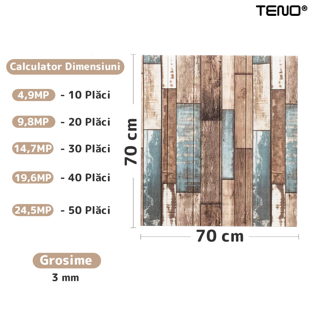 Set Tapet Panou 3D Teno99, Model Lemn, suprafata acoperire 4.9 mp, autoadeziv, waterproof, usor de montat, design modern, 70x70 cm, multicolor
