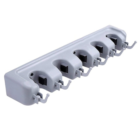 Suport multifunctional de perete pentru maturi si mop, 5 spatii pentru unelte si 6 cuiere, sistem ingenios de agatare