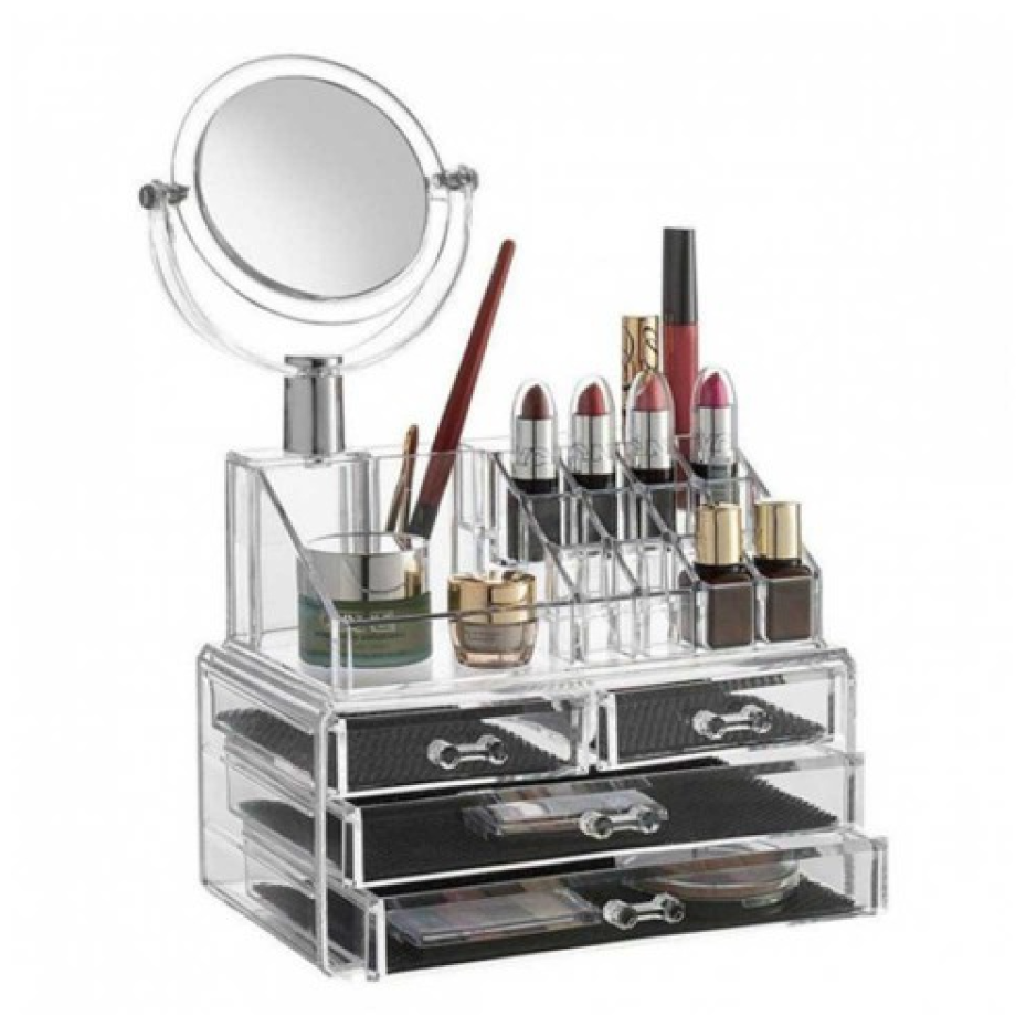Organizator pentru Cosmetice cu Oglinda si 19 compartimente, transparent