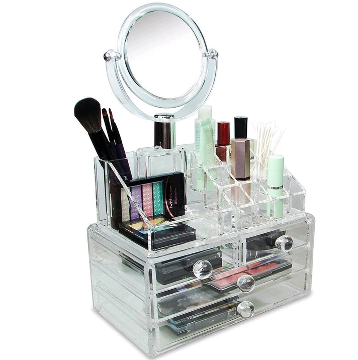 Organizator pentru Cosmetice cu Oglinda si 19 compartimente, transparent