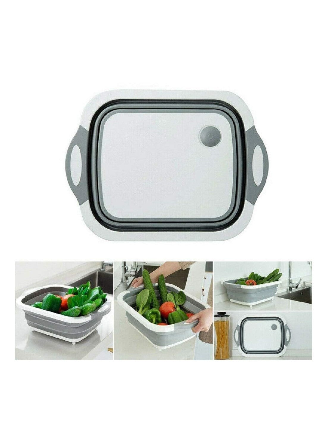 Tocator multifunctional, pliabil, cu dop, 40 x 30 x 3 cm, culoare alb/gri