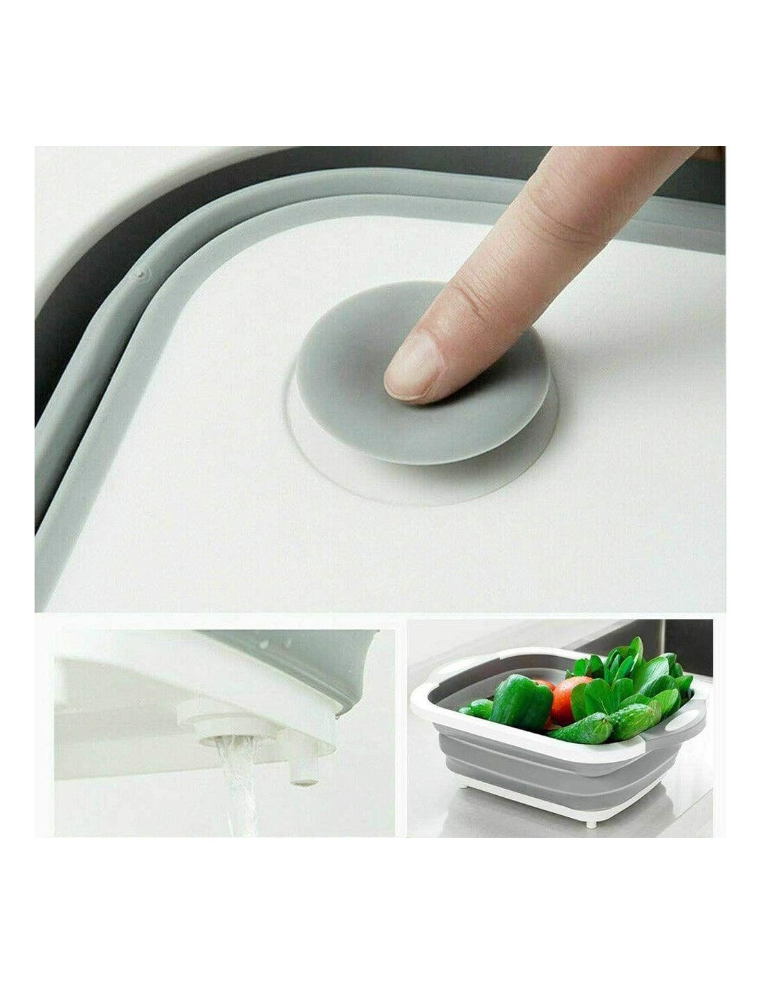 Tocator multifunctional, pliabil, cu dop, 40 x 30 x 3 cm, culoare alb/gri