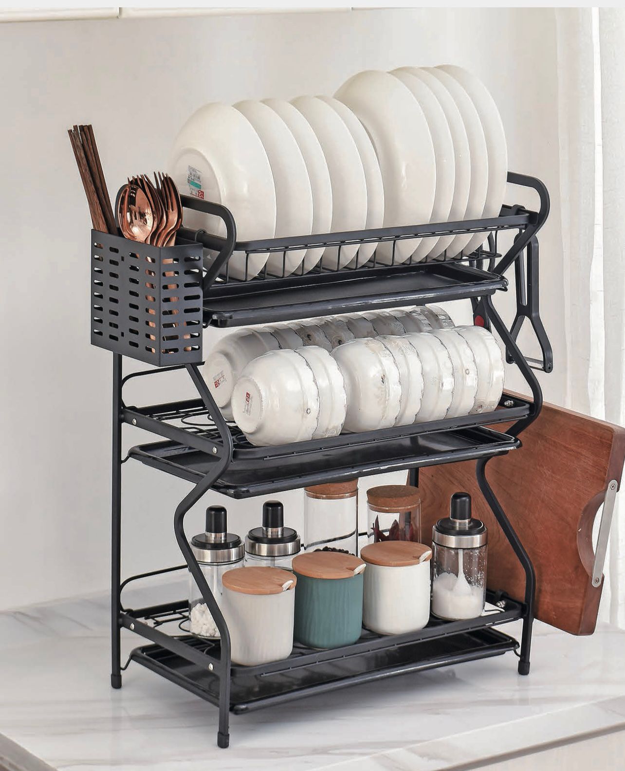 Suport organizator de vase, supraetajat cu 3 rafturi si tavita de scurgere, negru