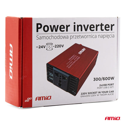 Convertor de tensiune 24V -> 230V, 300W/600W, 2 x USB 5V-7