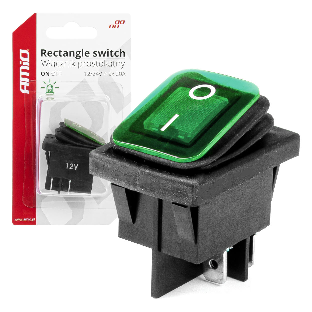 Intrerupator On/Off, 12/24V, dreptunghiular, waterproof, iluminat culoare Verde, destinatie auto, utilitare, Off-Road, ATV, SSV, QUAD-0
