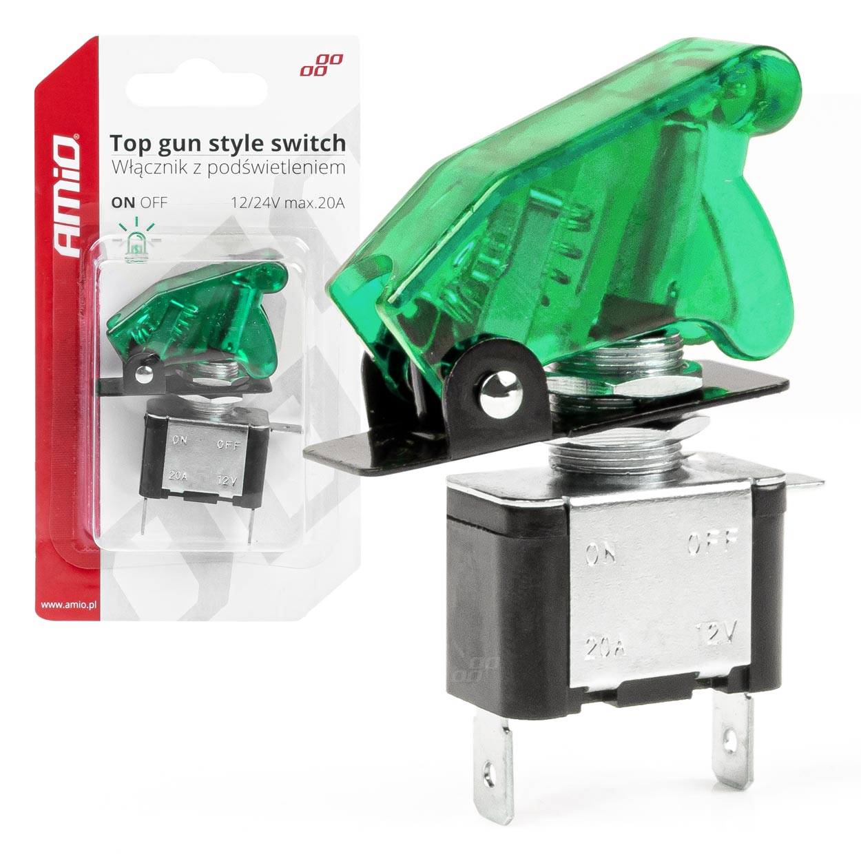 Comutator iluminat (intrerupator) cu protectie, destinatie auto, moto, ATV, SSV, Off-Road, model "TOP GUN", tensiune 12V - 24V, culoare Verde-0