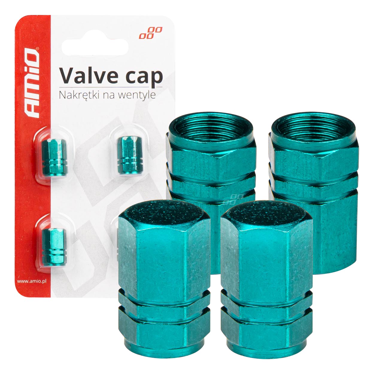 Set 4 capacele auto pentru ventil, din aluminiu, model Hexagon, culoare Verde-0
