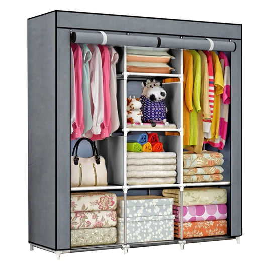 Dulap din Material Textil pentru Haine si Incaltaminte, impermeabil, 8 rafturi, inchidere fermoar, suport umerase, cadru otel, 170 cm, gri