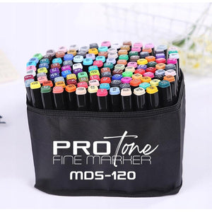 Set 120 Markere Profesionale pentru pasionatii de desen, cu cap dublu gros - subtire, cu geanta de depozitare, model AVX-WT-MDS-120-0