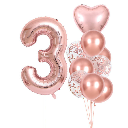 Set 10 Baloane Folie si Latex, Flippy, Tematica Aniversare, Baloane Latex 25cm, Figurina Inimioara 45 cm, Cifra 3 de 81 cm, Ambalaj Individual, Pai Inclus, Umflare cu Aer sau Heliu, Roz Pal-0