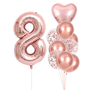 Set 10 Baloane Folie si Latex, Flippy, Tematica Aniversare, Baloane Latex 25cm, Figurina Inimioara 45 cm, Cifra 8 de 81 cm, Ambalaj Individual, Pai Inclus, Umflare cu Aer sau Heliu, Roz Pal-0