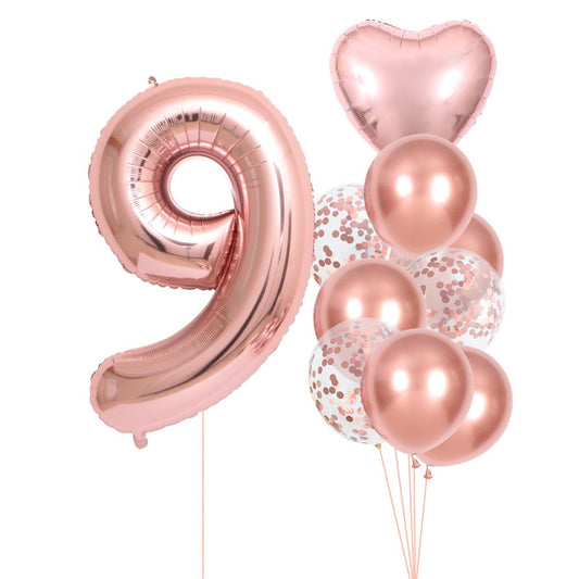 Set 10 Baloane Folie si Latex, Flippy, Tematica Aniversare, Baloane Latex 25cm, Figurina Inimioara 45 cm, Cifra 9 de 81 cm, Ambalaj Individual, Pai Inclus, Umflare cu Aer sau Heliu, Roz Pal-0