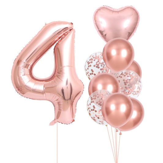 Set 10 Baloane Folie si Latex, Flippy, Tematica Aniversare, Baloane Latex 25cm, Figurina Inimioara 45 cm, Cifra 4 de 81 cm, Ambalaj Individual, Pai Inclus, Umflare cu Aer sau Heliu, Roz Pal-0