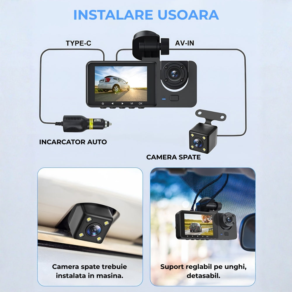 Cameră Auto Triplă DVR TRIPLE Road + Card 32GB – Înregistrare Față, Interior și Spate, WiFi, Vedere Nocturnă și Monitorizare Parcare