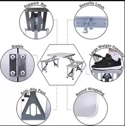 Masă Camping cu 4 Scaune, Aluminiu + Metal, Pliabilă, Tip Valiză, 85 x 75 x 67 cm