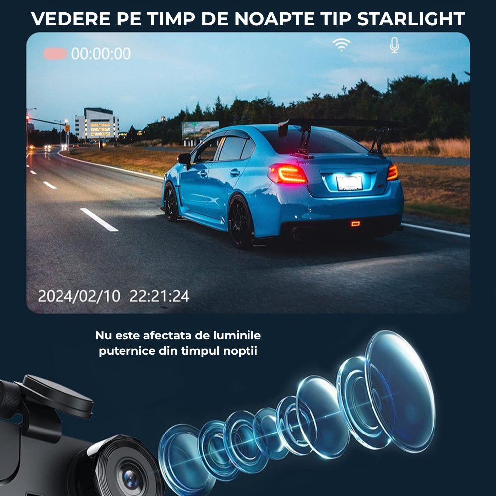 Cameră Auto Triplă DVR TRIPLE Road + Card 32GB – Înregistrare Față, Interior și Spate, WiFi, Vedere Nocturnă și Monitorizare Parcare