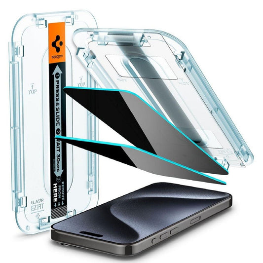 Set 2 folii sticlă Spigen Glas.tR EZ Fit Privacy pentru iPhone 15 Pro – cu kit de montare