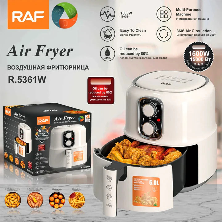 Friteuza cu aer Cald - Air Fryer RAF - 4.8L, 1600W, Control Manual, Circulare aer cald 360 grade, cu funcție Auto-Oprire, Alb, 3 ani Garanție + Carte de rețete electronică Cadou