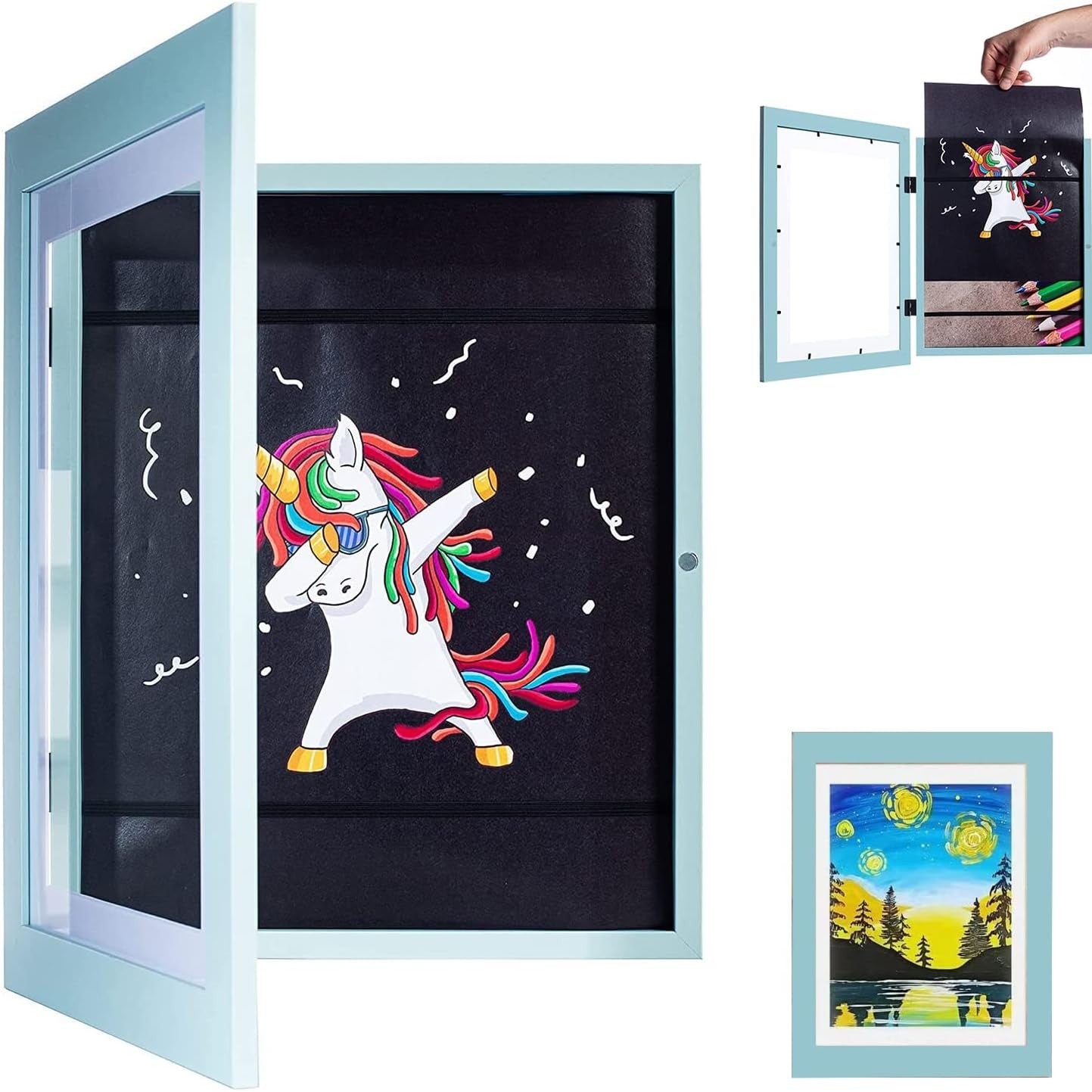 Rama Foto Flippy, cu Magnet, din Lemn, cu Spatiu Pentru Depozitare, Pentru Desene si Picturi A4, Sticla Securizata, Rama MDF, 21x30 cm, Albastru-4