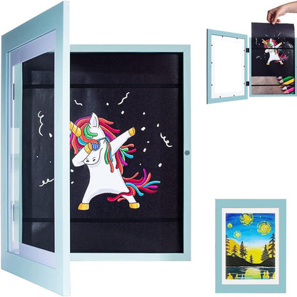 Rama Foto Flippy, cu Magnet, din Lemn, cu Spatiu Pentru Depozitare, Pentru Desene si Picturi A4, Sticla Securizata, Rama MDF, 21x30 cm, Albastru-4