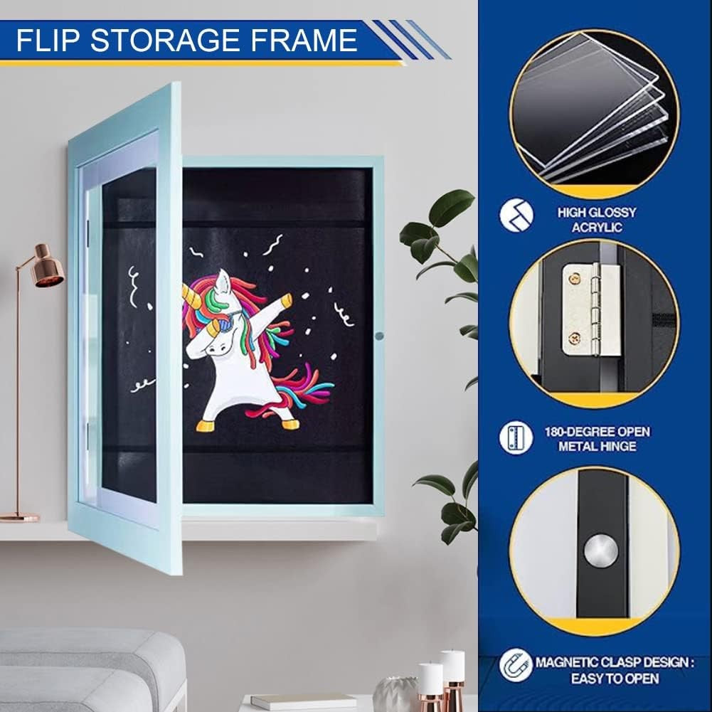 Rama Foto Flippy, cu Magnet, din Lemn, cu Spatiu Pentru Depozitare, Pentru Desene si Picturi A4, Sticla Securizata, Rama MDF, 21x30 cm, Albastru-9
