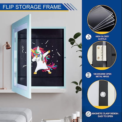 Rama Foto Flippy, cu Magnet, din Lemn, cu Spatiu Pentru Depozitare, Pentru Desene si Picturi A4, Sticla Securizata, Rama MDF, 21x30 cm, Albastru-9