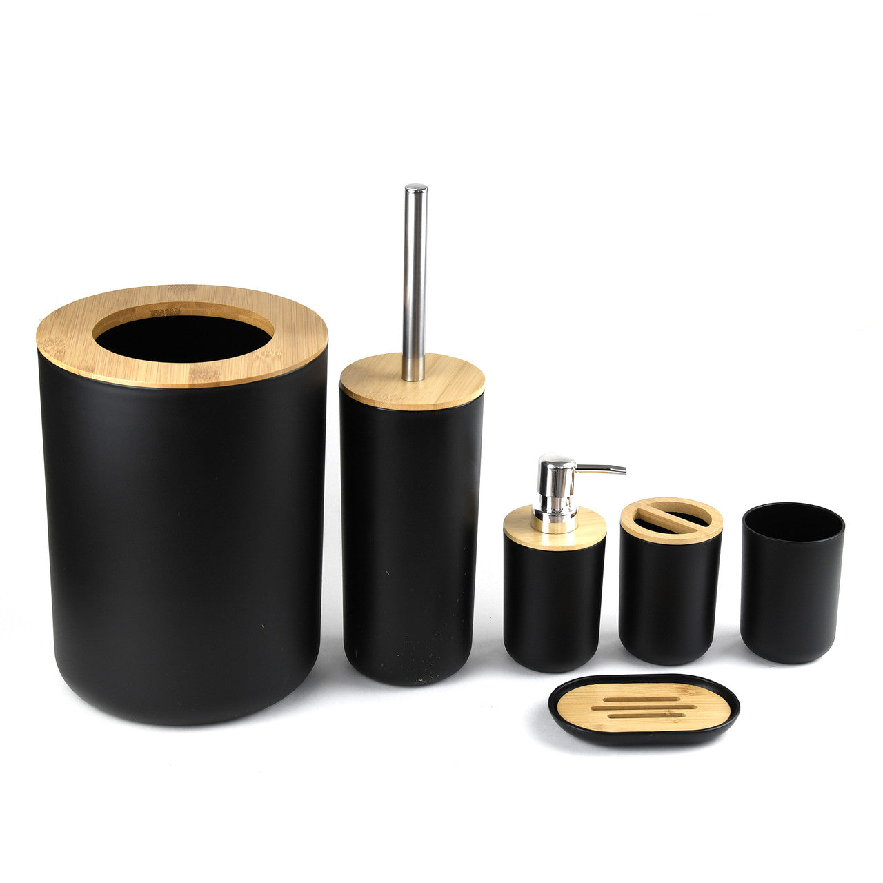 Set Elegant pentru baie format din 6 piese, ABS + lemn, culoare negru/maro-1