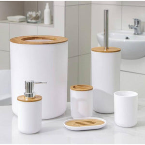 Set Elegant pentru baie format din 6 piese, ABS + lemn, culoare alb/maro-0