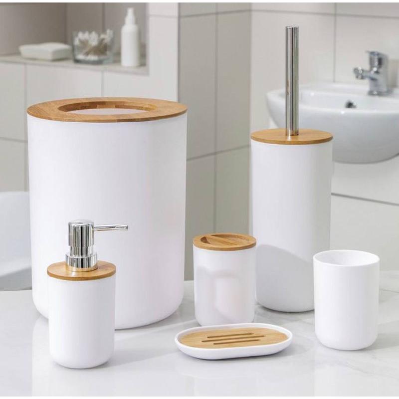 Set Elegant pentru baie format din 6 piese, ABS + lemn, culoare alb/maro-0